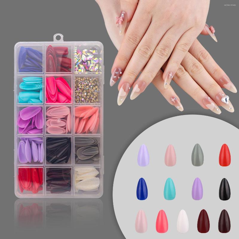 

Nail Art Kits 15girds Short Coffin False Nails Kit Professional Set With AB Rhinestones Decorated Full Cover Acrylic For Girls Manicure