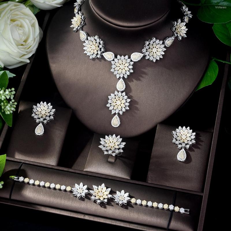 

Necklace Earrings Set HIBRIDE Trendy Micro Inlay Cubic Zirconia Jewelry 2 Tones Women Parure Bijoux Femme Mariage N-522, Picture shown