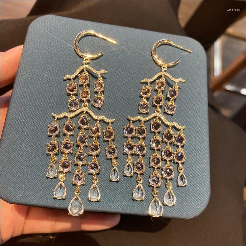 

Dangle Earrings Women S925 Silver Needle Tassel Long Crystal With Zircon Quality Black 18K Gold Jewelry Color Preservation