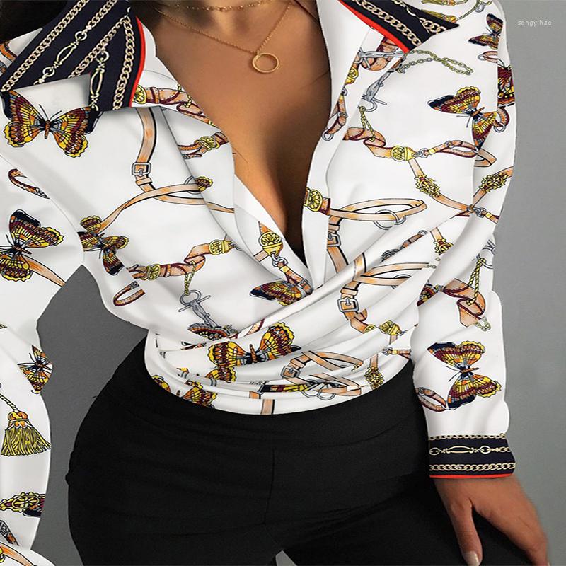 

Women' Blouses Autumn Long Sleeve Printing Shirt Fashion Turn-down Collar Fold Elegant Vintage Office Lady Tight Fitting Sexy Blouse, Black white