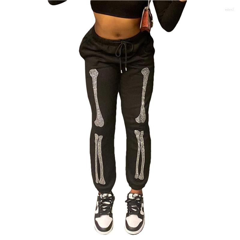 

Women' Pants Xingqing Women Joggers Bottom Long High Waist Trouser Outdoor Wear Glitter Skeleton Rhinestone Black Sweatpants Streetwear