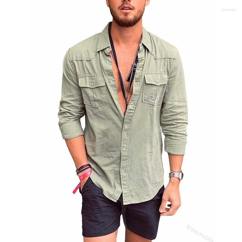 

Men's Casual Shirts Men Shirt Spring Summer Pocket Slim Patchwork Long Sleeve Single-Breasted Turn-down Collar Cardigan Irregular, Beige