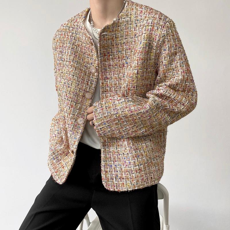 

Men's Jackets Man Korean Streetwear Vintage Trend Cardigan Coat Outerwear Autumn Men Brand Fashion Weave Woolen Pearl Buckle Short Jacket, 5006 b