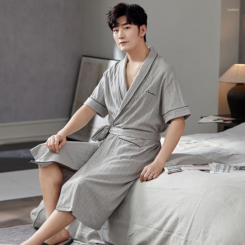 

Men's Sleepwear -4XL Men Robe Cotton Bathrobe Soft Cozy Short Sleeve Nightgown One-Piece Kimono Bath Gown Letter Robes Home Male, Er7203