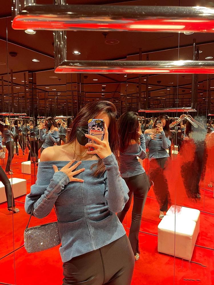 

Women' T Shirts Classic Trendy Fashion Luxury Designer Cloth Autumn Shoulder Worn Long Sleeve Shirt Slim Casual Denim T-shirt Women, Blue