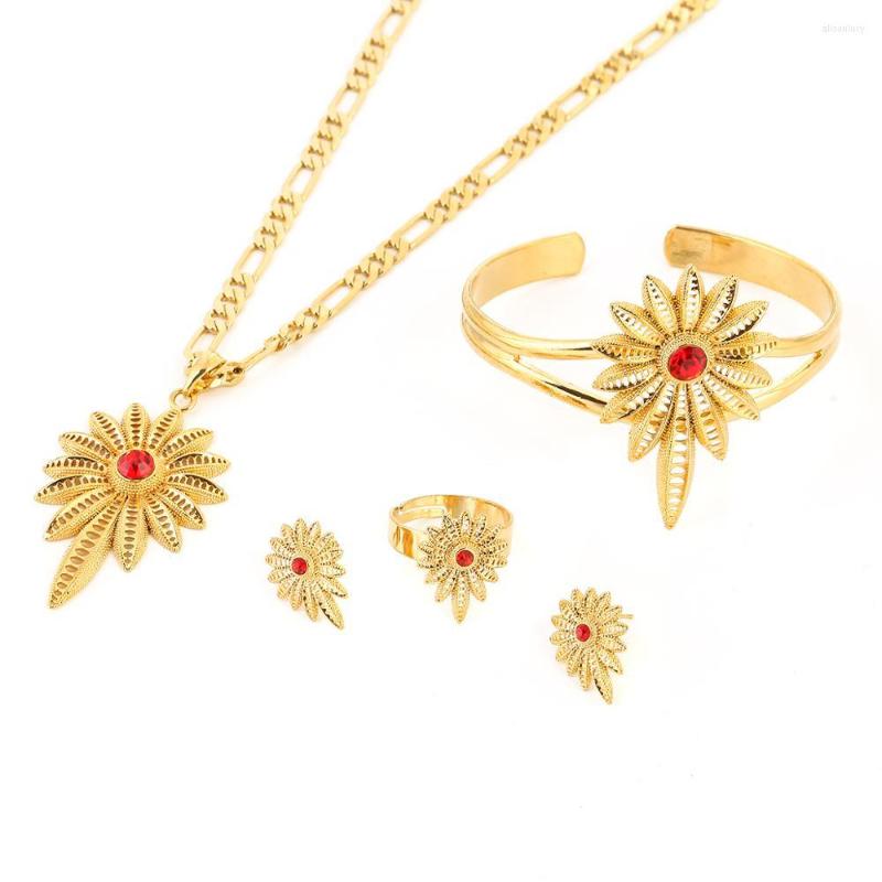 

Necklace Earrings Set Blue Red Green Stone Ethiopian Gold Color Jewelry For Eritrean African Women Girls, Picture shown