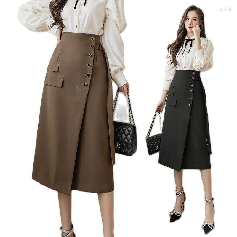 

Skirts Pengpious Fashion Lady Skirt Knee Length High Waist Three Pockets Single Breast Irregular Cut Office, Black