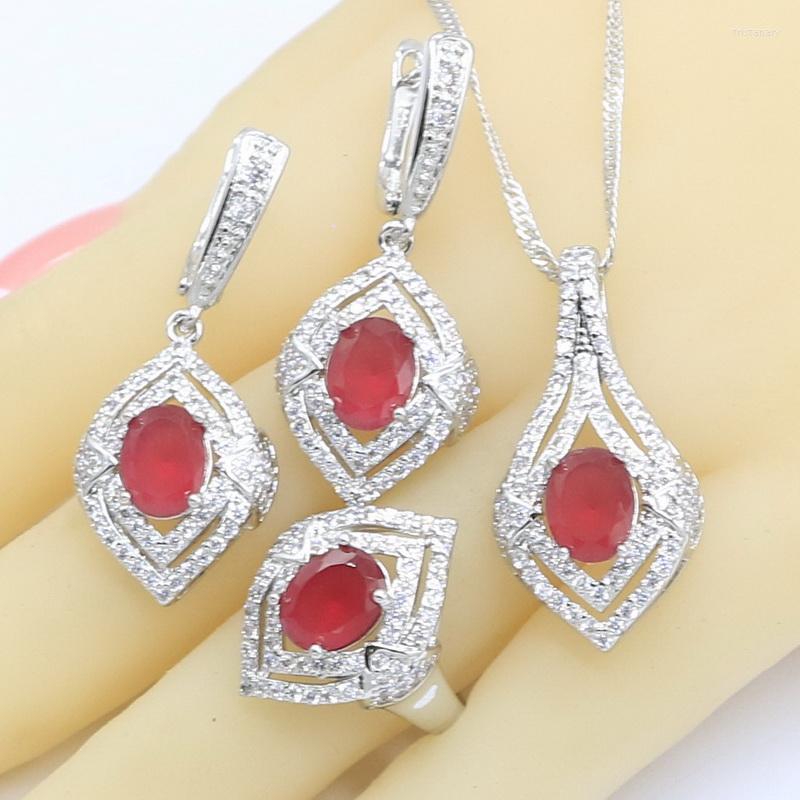 

Necklace Earrings Set 5 Colors 925 Silver For Women Red Crystal Pendant Rings Gift Box, Picture shown