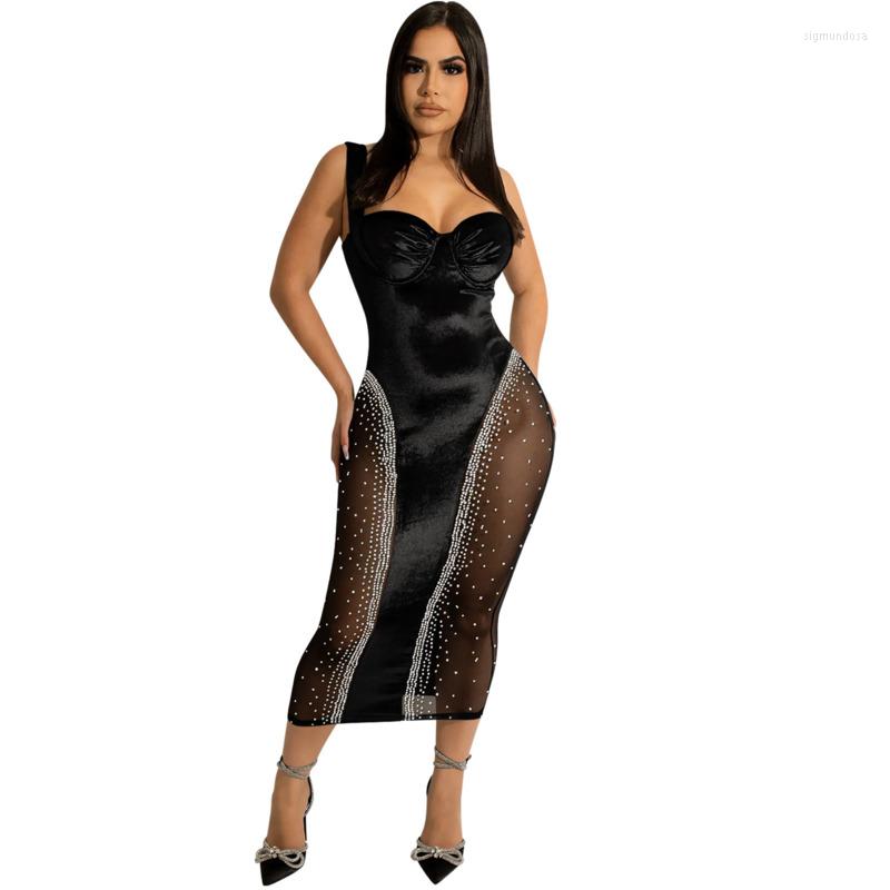 

Casual Dresses #6075 Sleeveless Spaghetti Strap Velvet Dress Women Strapless Party Evening Spliced Mesh Diamonds Tight Backless, Black