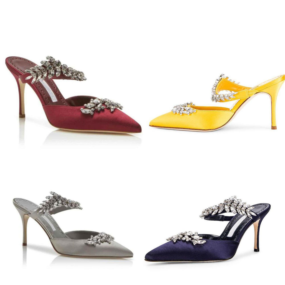 

Luxury Design Satin Sandals Fashion Brand Nadira Pointed Ear of Wheat Rhinestone Crystal Leaf Decorative Slim High Heels Women's Elegant Bridal Wedding Shoes EU35-42