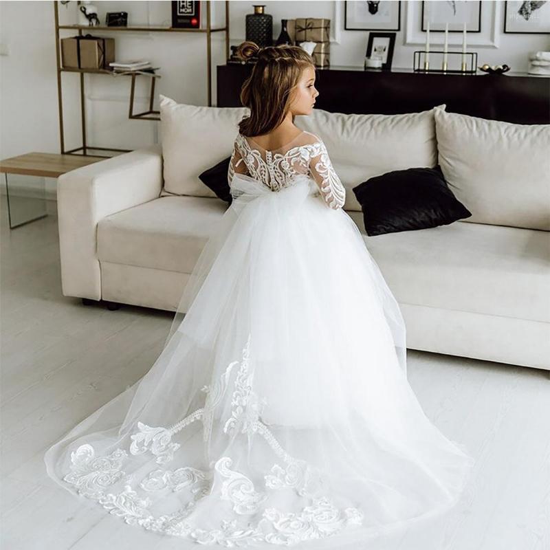

Girl Dresses FATAPAESE White Kids Bridesmaid Dress For Girls Flower Long Sleeve Floral Lace Tulle A Line Gown Appqulies Wedding Even 2022, White mc2308