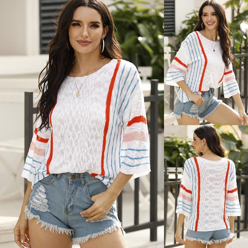 

Women' Knits 2022 Autumn Winter Fahion Sexy Women Casual O Neck 3/4 Flared Sleeve Striped Loose Knitted Sweater Soft Warm, White