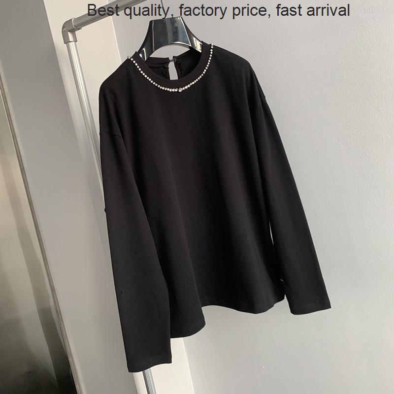 

Women' T Shirts High Quality 22 Autumn White Black Long Sleeve Pullover Top Women Runway Fashion Rhinestone Decoration T-shirt