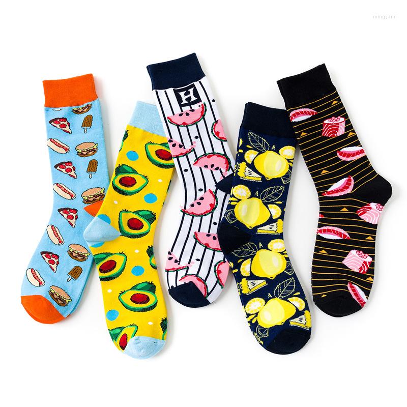 

Men's Socks Men Funny Happy Cartoon Gourmet Burger Pizza Fruit Print Fashion Cotton Women Couple Soks 5 Pairs/set, Multi