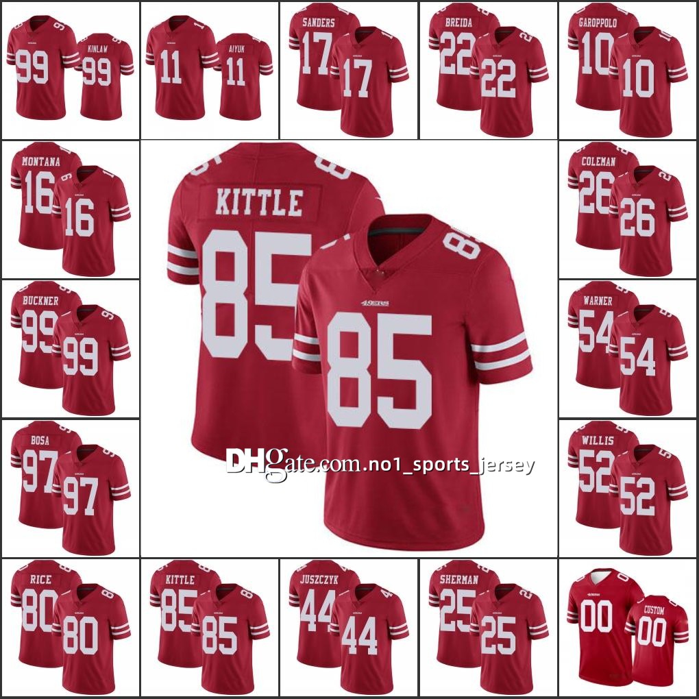 

Custom Jersey San Francisco''49ers''Men #97 Nick Bosa 85 George Kittle 44 Kyle Juszczyk''NFL''Women Youth Scarlet Vapor Limited Jersey