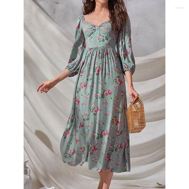 

Casual Dresses Leisure Broken Flowers Bowknot Commute Elegant Puff Sleeve Sweet Frock Square Neck Long Printing Dyeing Skirt For Women, Green