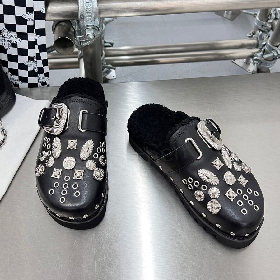 

Designer Slippers Women's Toga Virilis winter fashion punk style thick bottom black metal decoration belt buckle warm flat heel serrated casual half slippers 35-40
