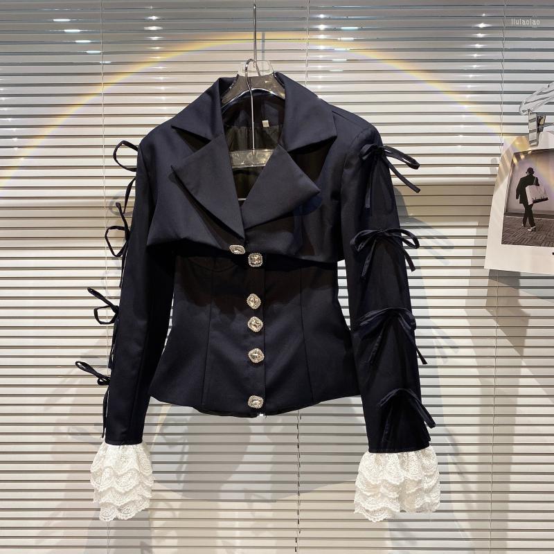 

Women' Suits Arrival Autumn Fashion Rhinestone Button Blazer Women Bowknot Lace Sleeve Ladies Suit Jacket Two-piece, Black