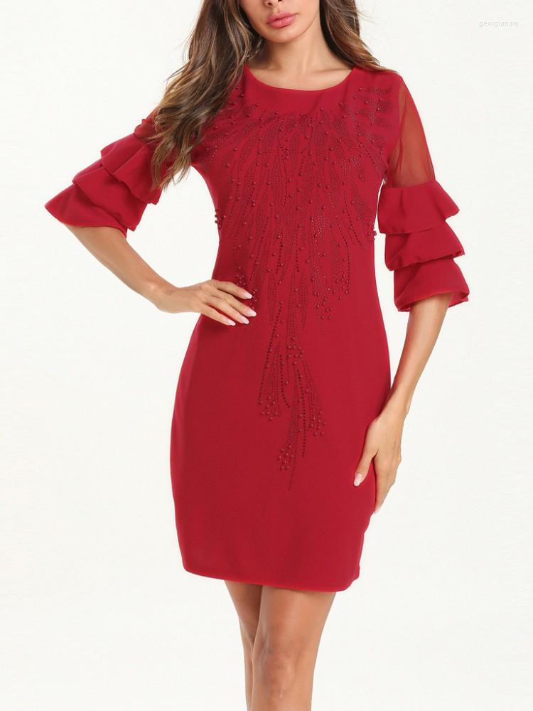 

Casual Dresses Diamonds Nail Bead Slim Elegant Women Dress Red Mesh Chic Patchwork Flare Sleeve Mini Midi Spring Summer Vestidos