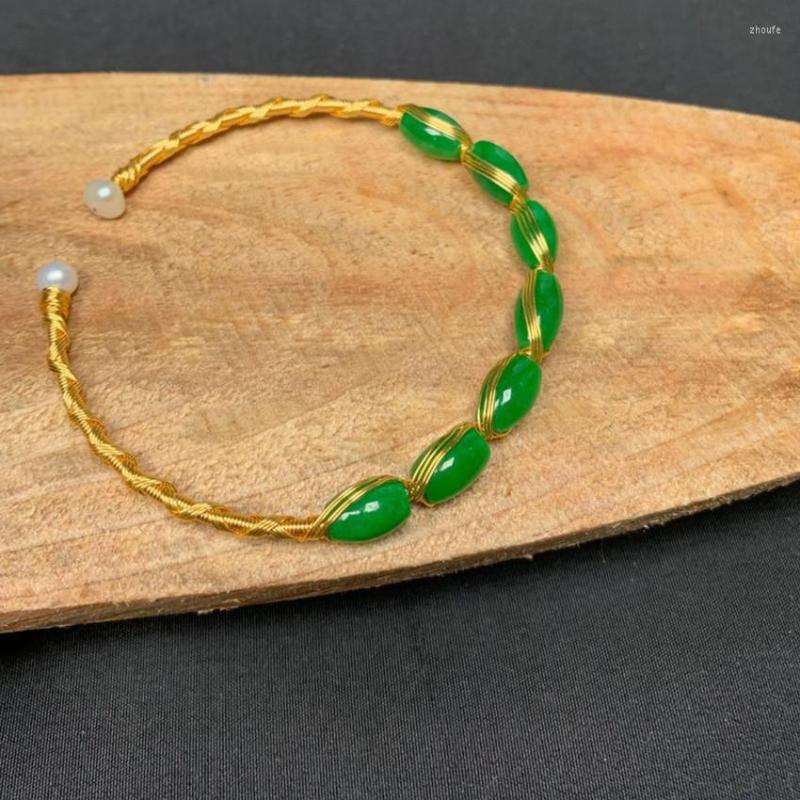 

Bangle FYJS Unique Light Yellow Gold Color Wire Wrap Stackable Green Agates Open Fashion Jewelry