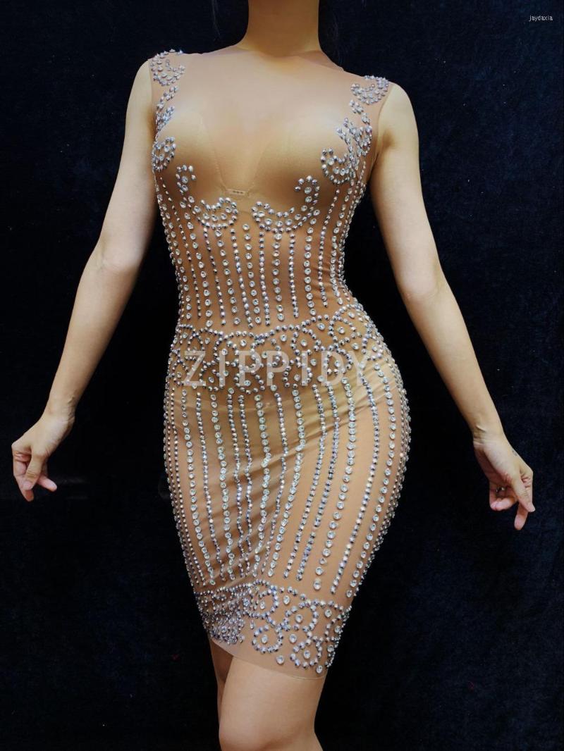 

Casual Dresses Women' Birthday Party Dress Sparkly Silver Rhinestones Sleeveless Mesh See Through Nightclub Singer Dance Costume, Pic color