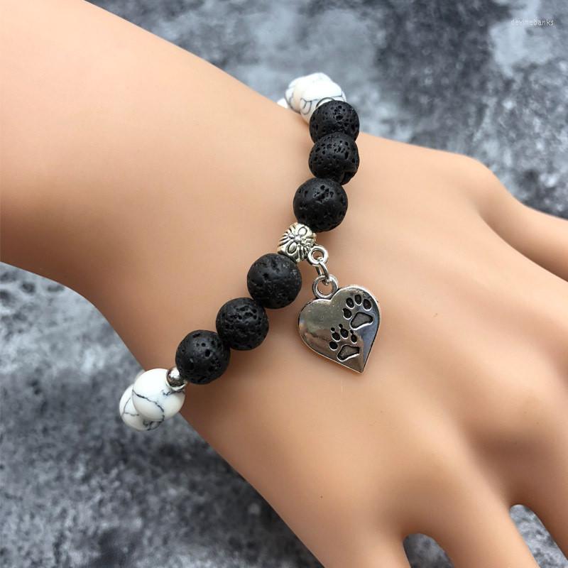 

Strand Classic Men Bracelet Pet Owner Jewelry Natural Stone White And Black Energy Lava Bead Dog Footprint Heart For Women