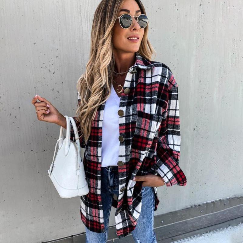 

Women's Blouses Autumn Women Casual Plaid Jacket Long Coat 2022 Fashion Sleeve Turn-down Collar Button Vintage Female Outwear Ropa Mujers, Black red