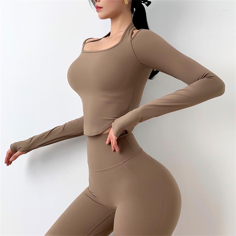 

Active Shirts Inner Padded Slim Fit Long Sleeve Crop Top Built In Bra Halter Neck Yoga Thumb Hole Workout Clothes Women Athletic Wear, Black
