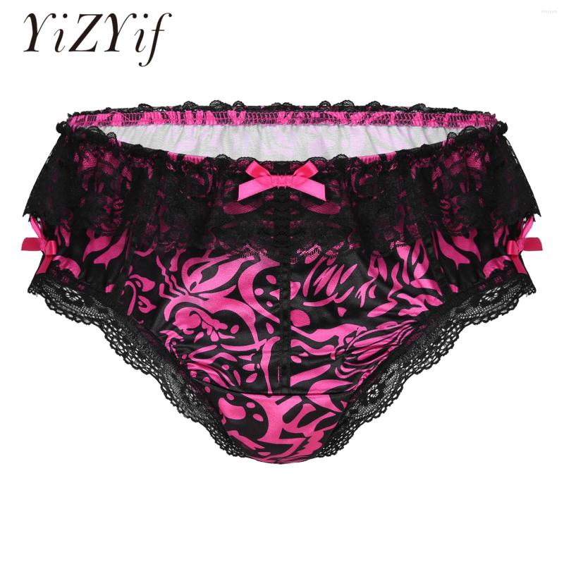 

Underpants Lingerie Sissy Crossdress Underwear For Mens Panties Ruffle Lace Trim Low Waist Briefs Bowknot Satin Nightwear, Pink