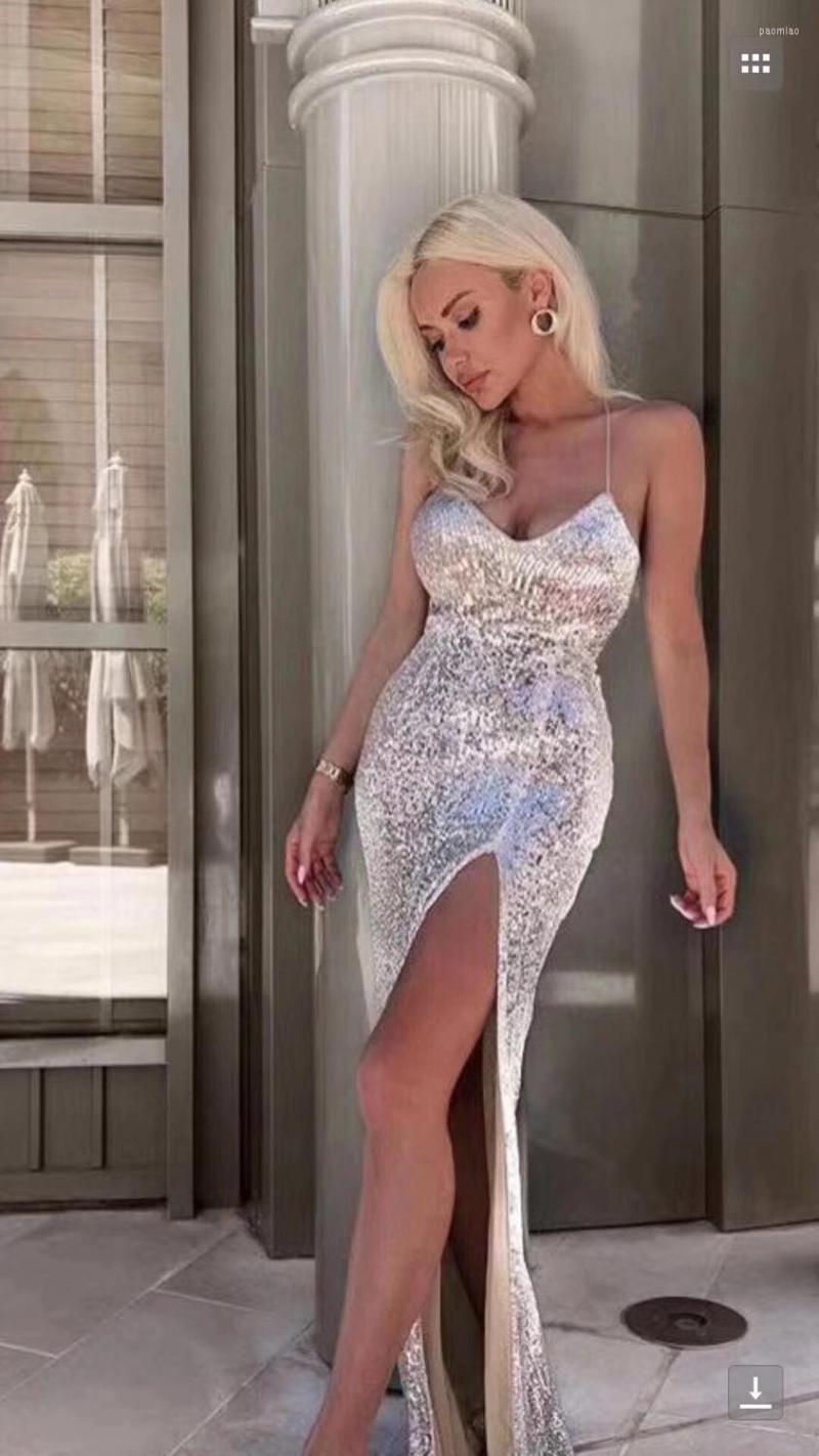 

Casual Dresses Sliver Evening Long Dress Party Women Sexy High Split Gown Formal Christmas Robe Dropshiping Wholesale, Silver