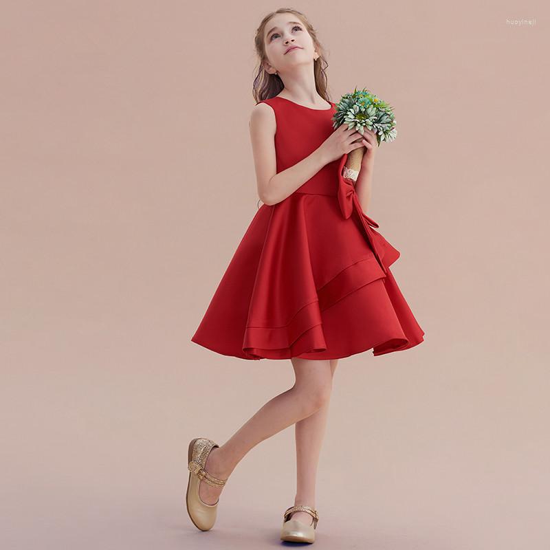 

Girl Dresses Red Pink Satin Short Girls Evening Party Dress Cute Bowtie Flower Princess Birthday Gown For Kids Junior, Blue