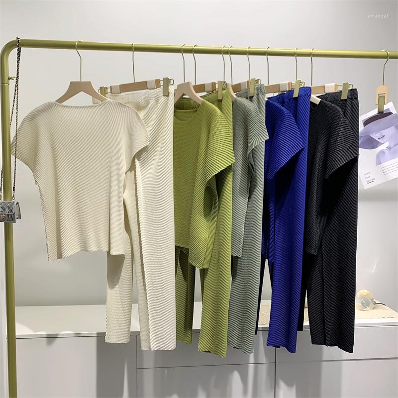 

Women's T Shirts Summer Suit Women's Pleated Top Pants Elegant Temperament Slim Casual Niche, Picture color