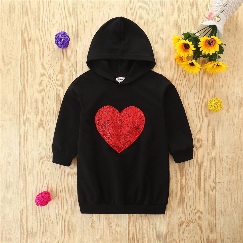 

Valentine Little Girls Spring Dress Long Sleeve Sequin Heart Hooded Loose Midi Dress, As picture