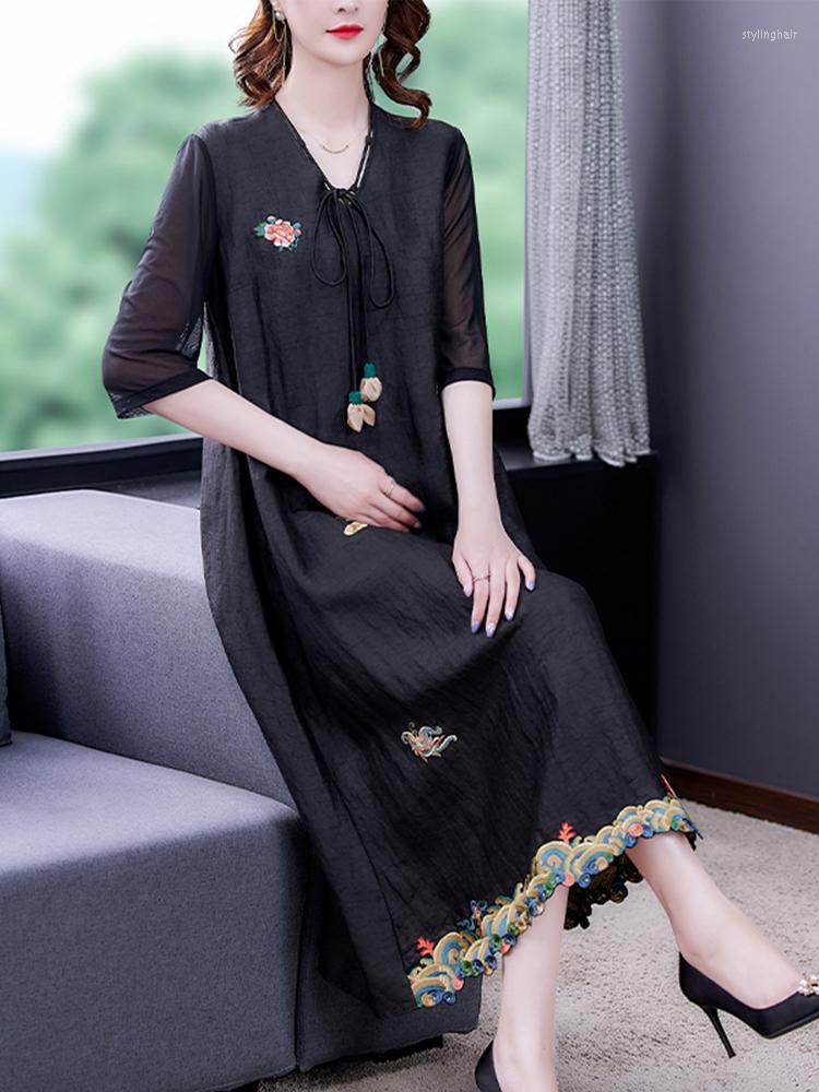 

Party Dresses Black Embroidery Autumn Silk Maxi Dress Vintage Midi 2022 Korean Fashion V-Neck Summer Luxury Evening Vestidos De Mujer Casual, Photo color