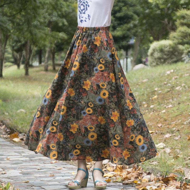 

Skirts TIYIHAILEY 2022 Fashion Long Maxi A-line Elastic Waist Women Cotton And Linen Print Flower Spring Summer Skirt, 90cm length