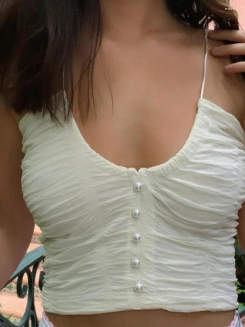 

Women' Tanks Combhasaki Women Sexy Casual Tank Tops Solid Color Button Down Sleeveless Backless Slim-Fit Pleated Sling Crop, White