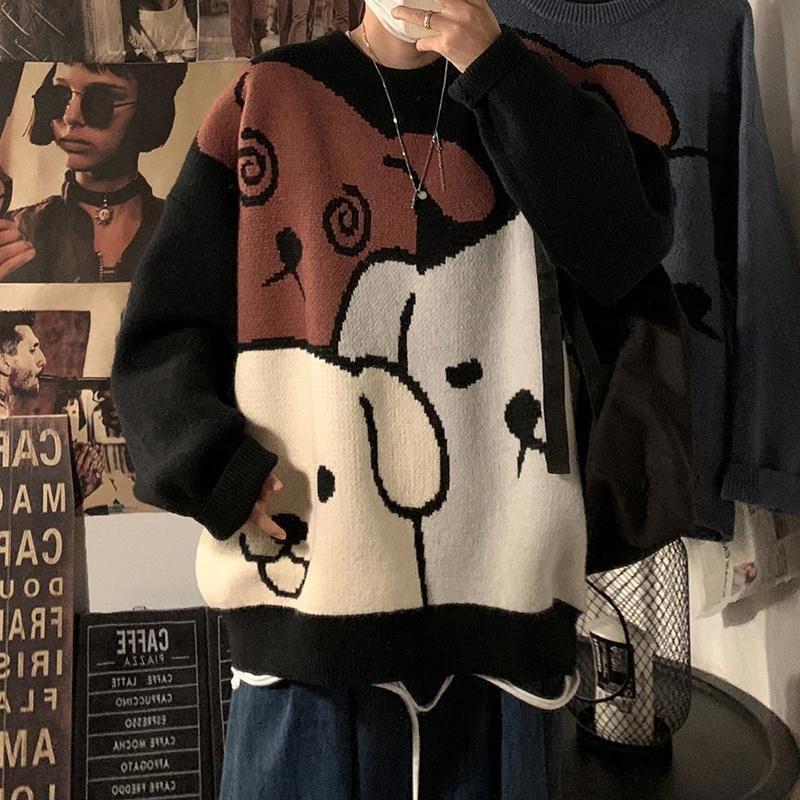 

Men's Sweaters Cartoon O-neck Sweater Men Oversized 2022 Autumn Winter Japanese Grunge Preppy Style Casual Loose Trend, Blue