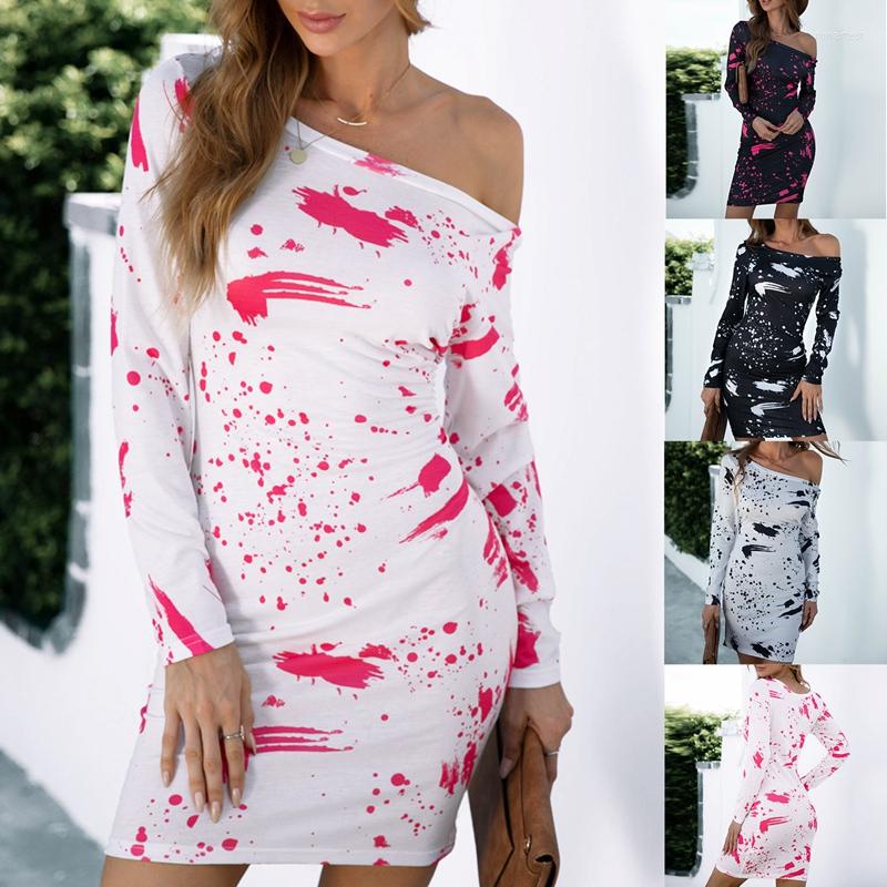 

Casual Dresses Splash Ink Print Women Autumn Dress Sexy Strapless Mini Bodycon Daily Streetwear, White
