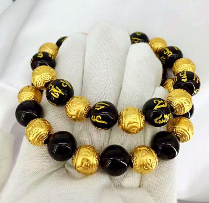 

Strand Brass Men Bracelet Plated Sand Gold Black Beads Hand Chain Lovers Jewelry