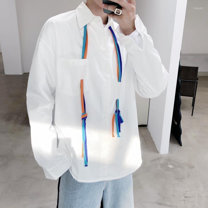 

Men's Casual Shirts Spring Korean Fashion White Shirt Men Long Sleeve Woven Belt Solid Color For Design Drape Loose