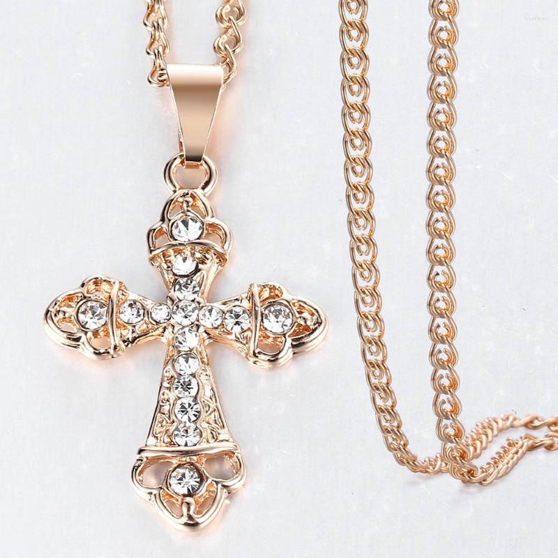 

Pendant Necklaces Prayer Jesus Necklace Chain 585 Rose Gold White Crystal Cross For Men Women Jewelry Gifts GP407