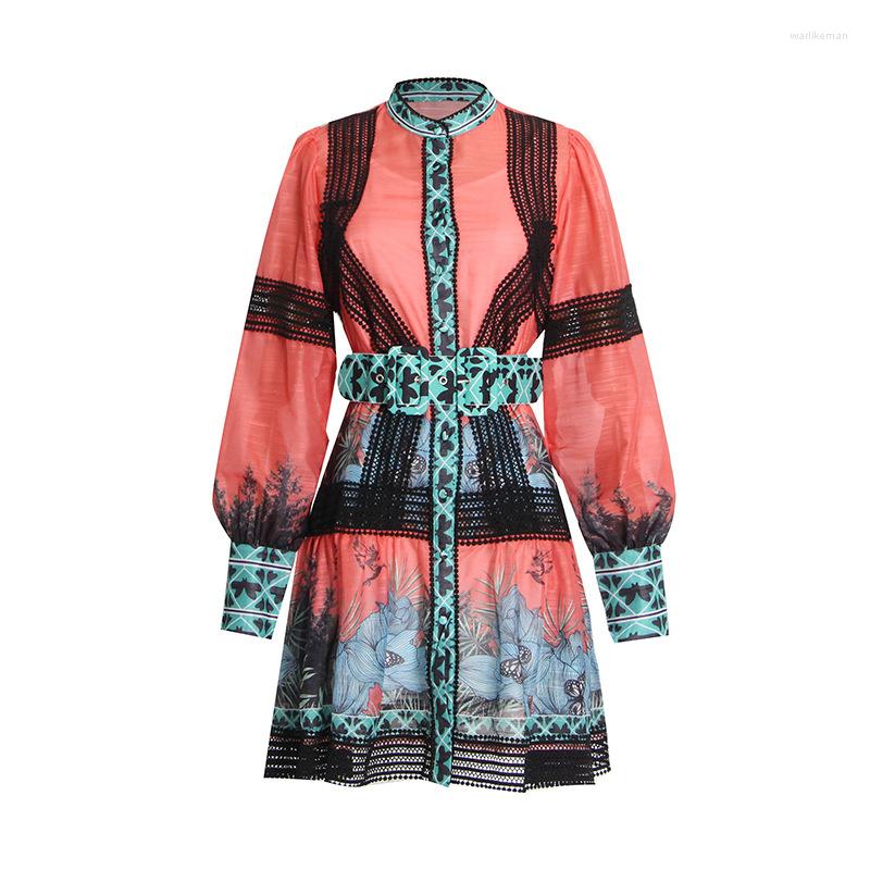 

Casual Dresses Floral Print Mini Shirt Dress For Women Spring Summer Clothes Single Breasted Belt Lace Ball Long Sleeve Short Lady, Green