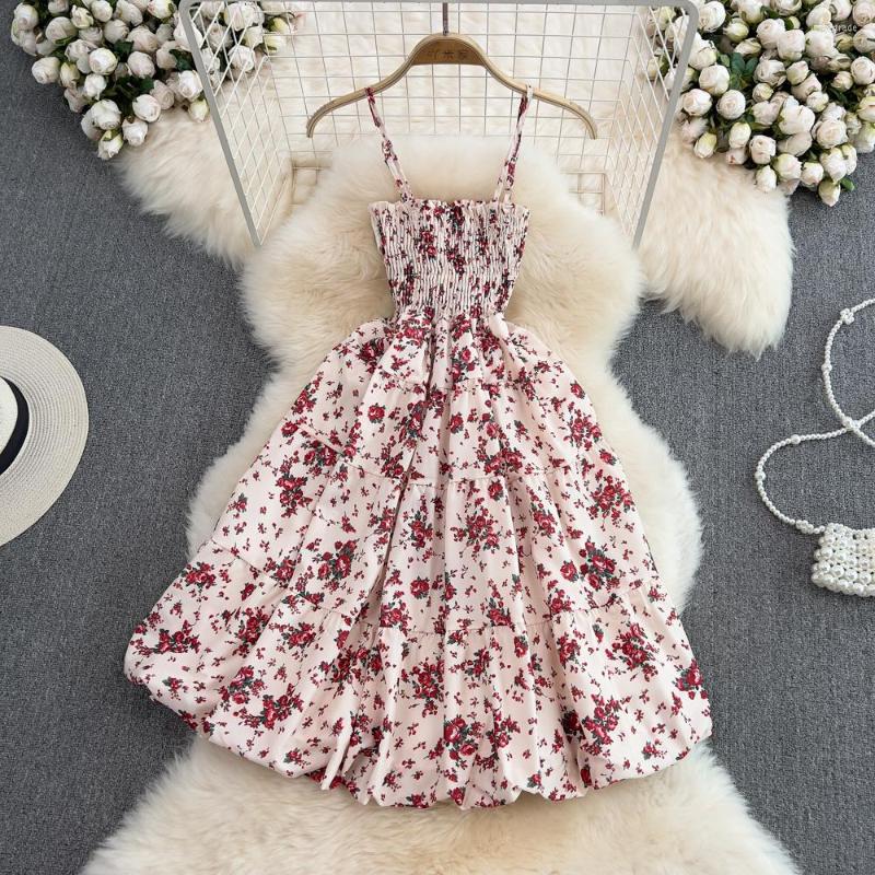 

Casual Dresses French Retro Womens Elastic Show Thin Printed Sling Floral Dress Girls Broken Flower Mini Spaghetti Camisole Beach, Pink