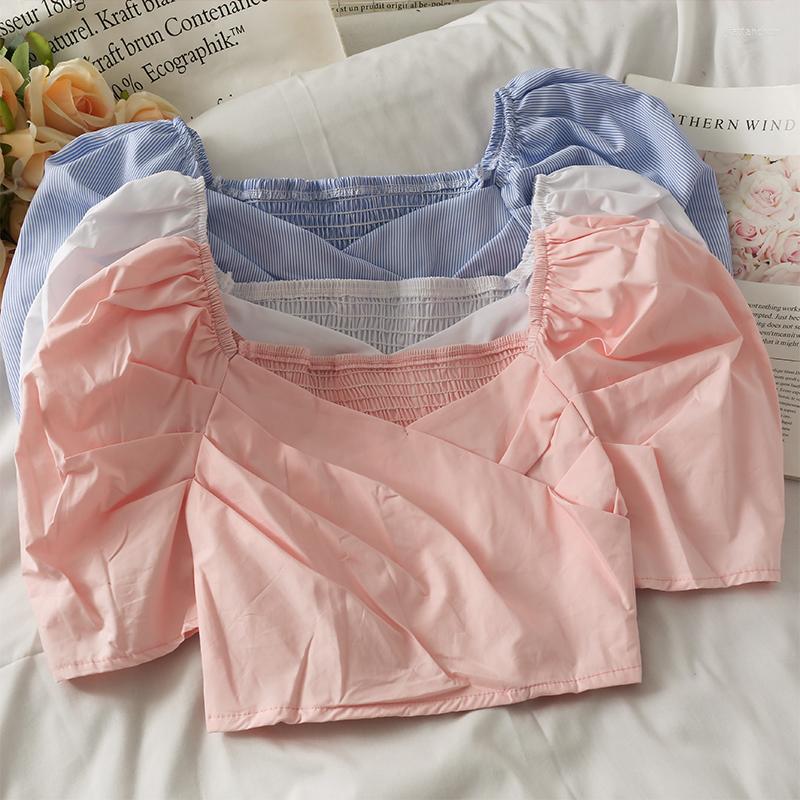 

Women's Blouses Korean Fashion Square Collar Blouse Woman Solid Color Short Puff Sleeve Women Pleated Blusas Cropped Top Drop, Blue