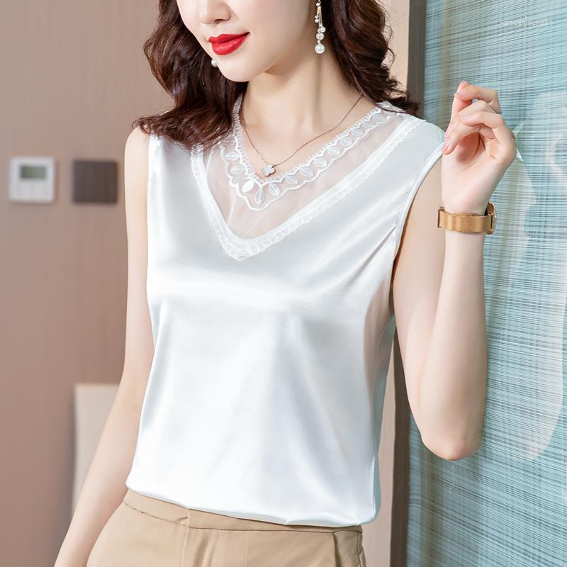 

Women's Blouses Women Summer Embroidery Satin Blouse V-neck Solid Tops For Casual Elegant Office Lady Loose Silk Blusa 15114, Malachite blue