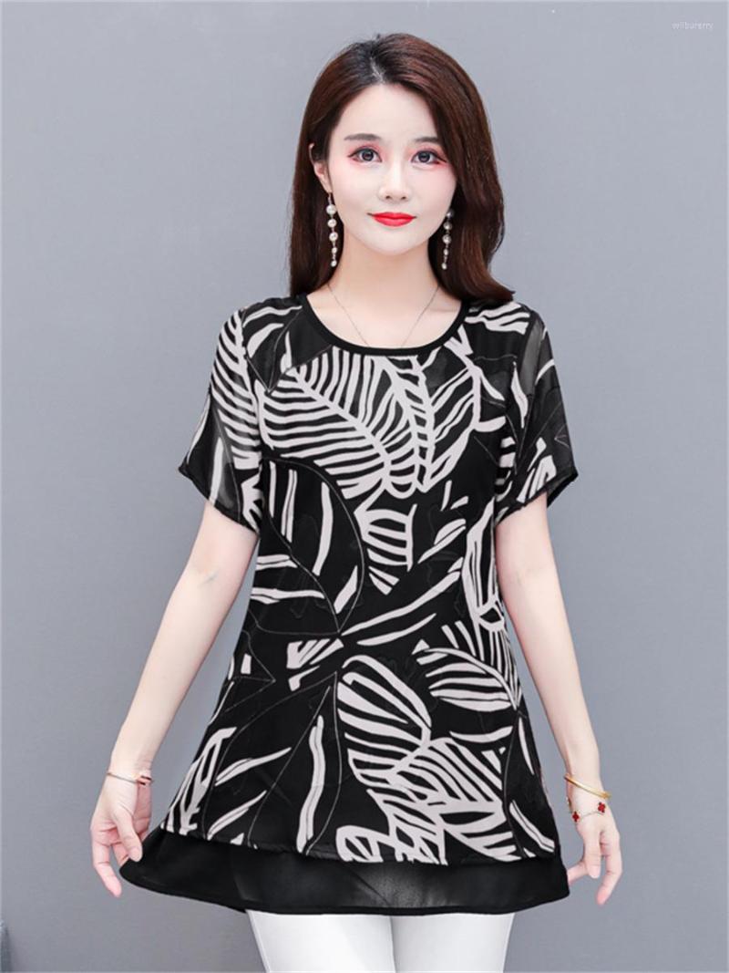 

Women's Blouses 5XL Loose Women Spring Summer Shirts Lady Fashion Casual Short Sleeve O-Neck Collar Printing Blusas Tops Elegant CT0666, Black