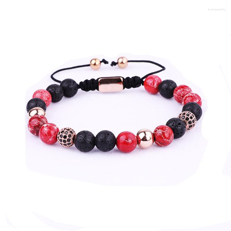 

Strand Fashion Natural Stone Red Imperial CZ Ball Bead Braided Bracelet Women Men