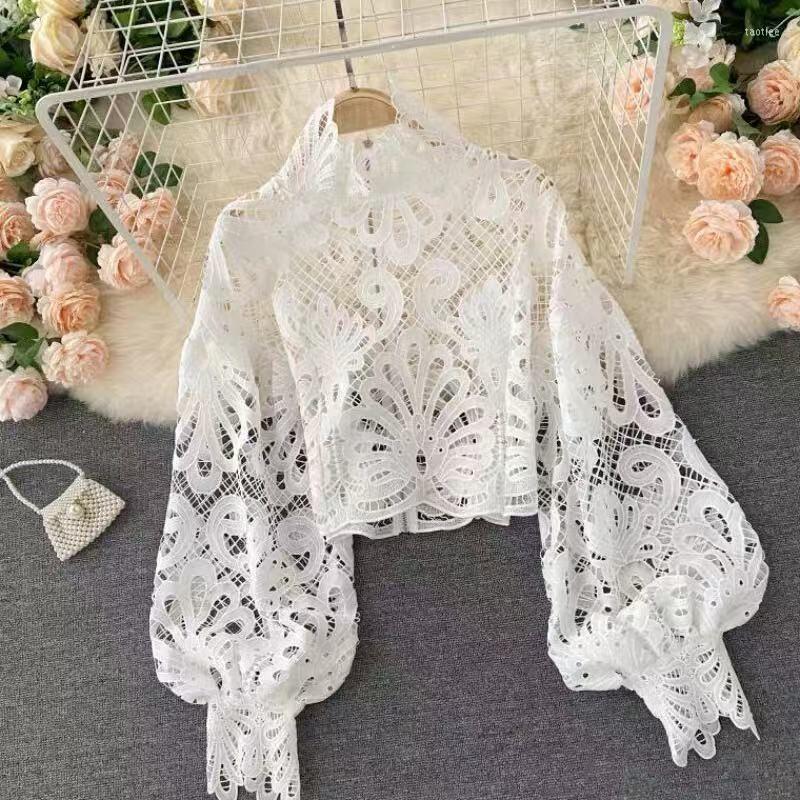 

Women's Blouses Lace Turtleneck Women Blouse Summer Design 2022 Lantern Sleeved Solid Hollow Out Elegant Office Lady Pulls Top Quality, White