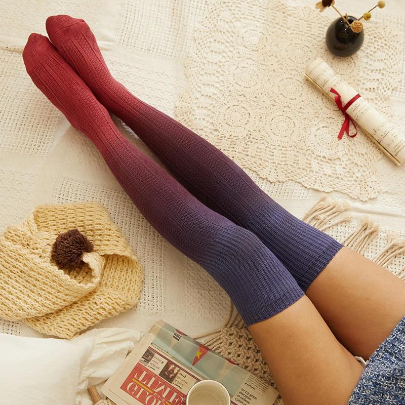 

Women Socks Long Cotton Stockings Autumn Winter Clothing Accessory Stocking Warm Gradient Printed Thigh High Over The Knee, Green