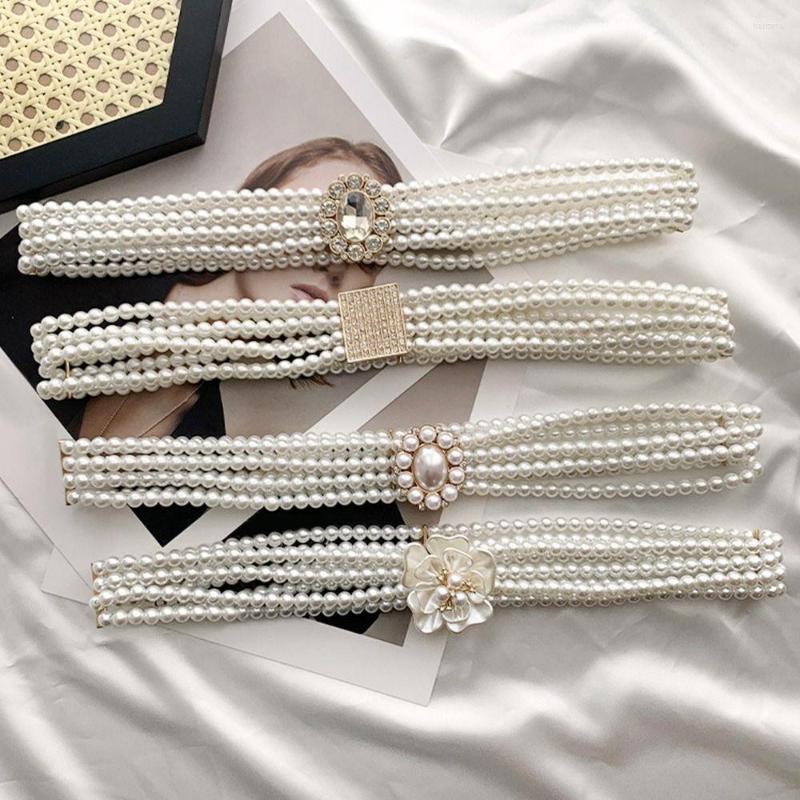 

Belts Pearl Waist Chain Ladies Belt Korean Style Rhinestone Elastic Beaded Girdle Waistband For Dress Skirt Sweater, Black